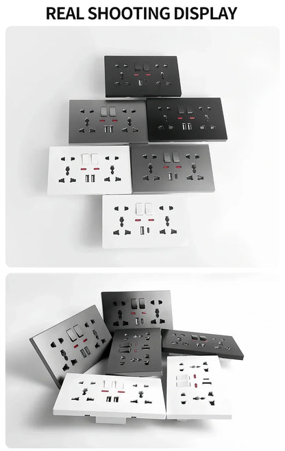 Universal Wall Socket 2-Gang Power Outlet with Switches, USB-C Charging Port, LED Indicator, Flush Mount, AC 110-250V