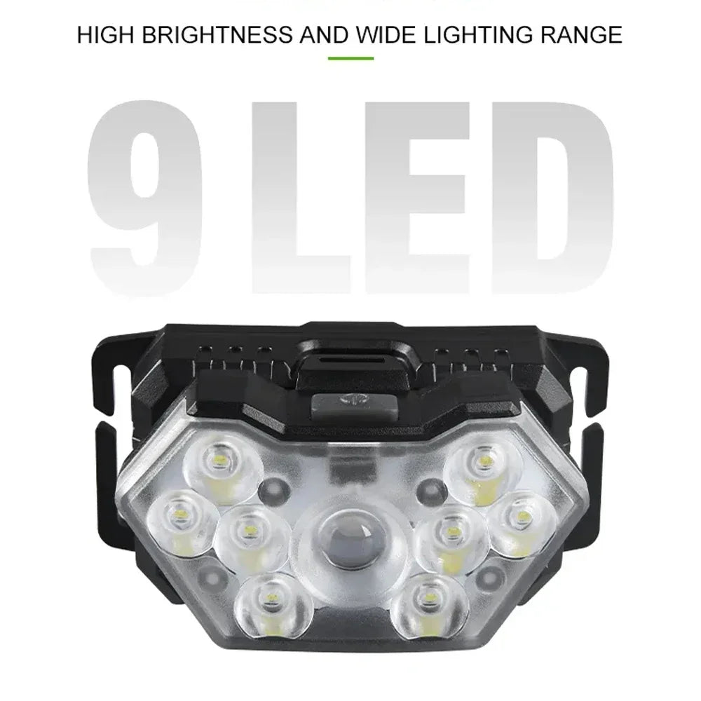 9 Led Strong Light Headlamp USB Rechageable Motion Sensor Headlight Portable Fishing Camping Outdoor Head Lamp Work Flashlight