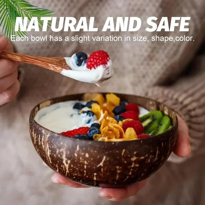 6/1PCS Natural Coconut Bowl Set Wooden Salad Ramen Bowl Coconut Wood Spoon Set Coco Smoothie Kitchen Tableware Coconut Bowl