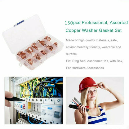150PCS M5–M22 Copper Crush Washer Gasket Set — Flat Ring Seal Assortment Kit for Oil Pan &amp; Hydraulic Fittings