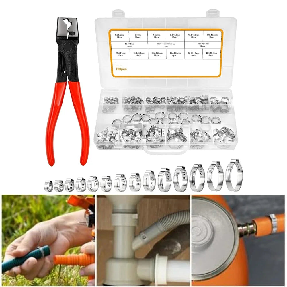 160 Pcs Single-Ear Hose Clamps Stainless Steel 304 For Hose Clamp Pliers Variety Pack 5.3-33.1 Mm Inner Diameter For Automotive