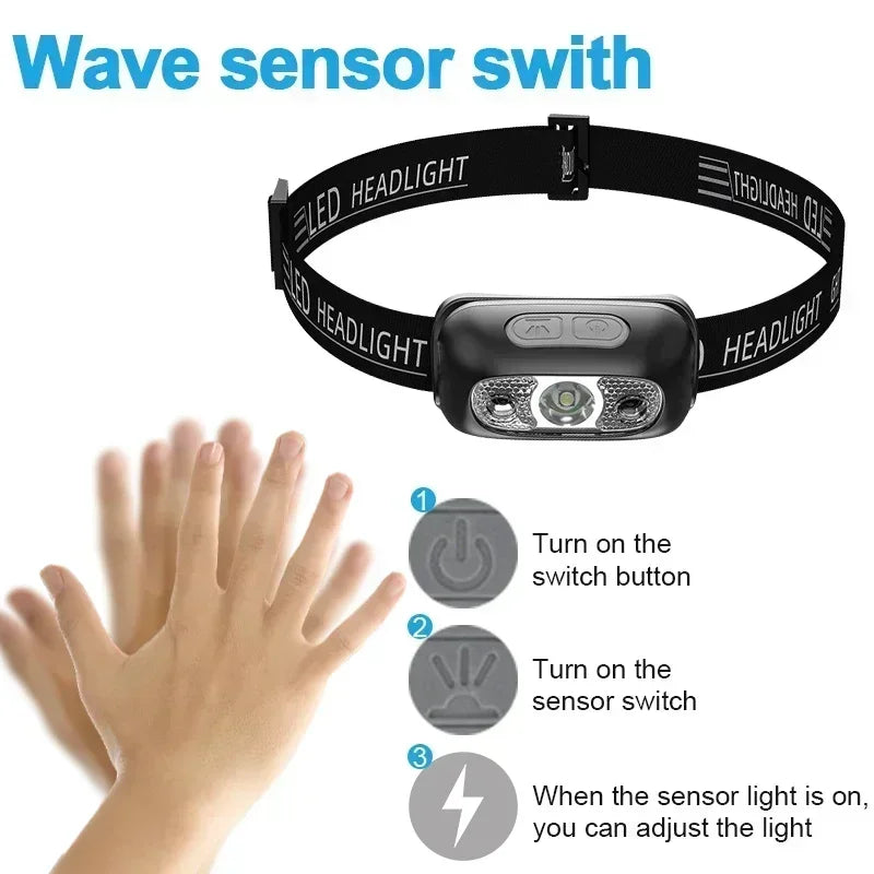 USB Rechargeable Mini Strong Light LED Sensor Headlamp Outdoor Waterproof Work Head Torch Camping Fishing Search Headlight