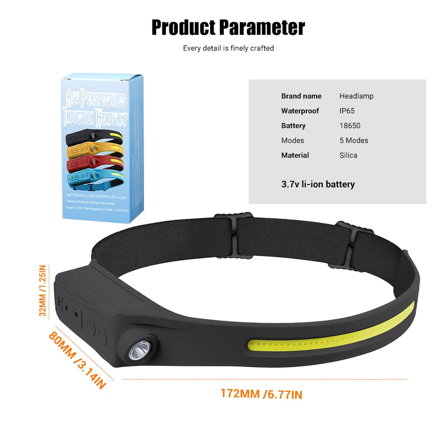 LED Sensor Headlamp Rechargeable Head Torch 5 Mode for Outdoor