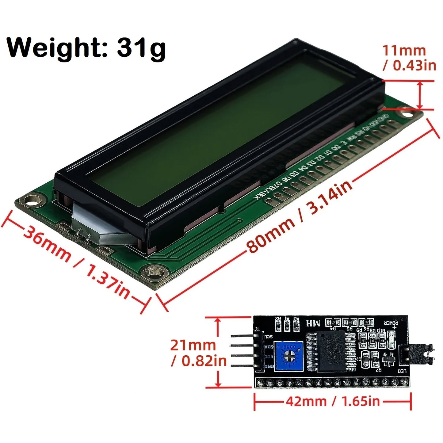 LCD1602 16x2 Character I2C LCD Display Module with PCF8574 Interface 5V Blue Yellow Green Screen for Arduino Projects