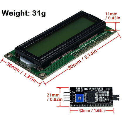LCD1602 16x2 Character I2C LCD Display Module with PCF8574 Interface 5V Blue Yellow Green Screen for Arduino Projects