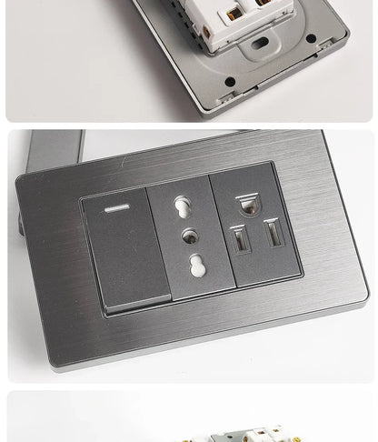 Stainless Steel Wall Socket 118x75mm Italian-Style with USB-C Schuko Chilean Plug Brushed Finish for Home Office