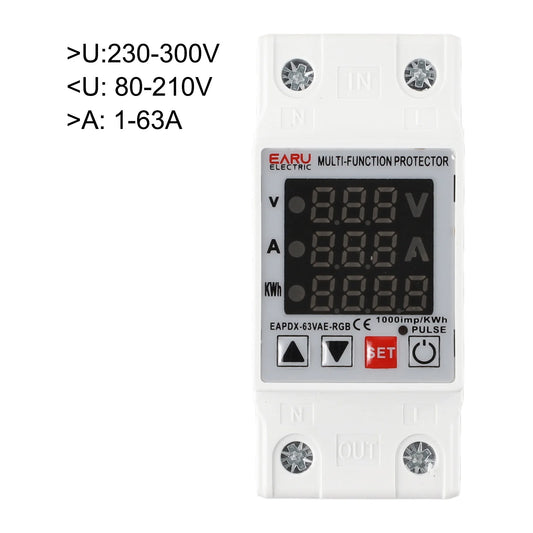 63A 230V 3IN1 Display Din Rail Protective Device with Adjustable Over Voltage Current Under Voltage Relay for Industrial Control