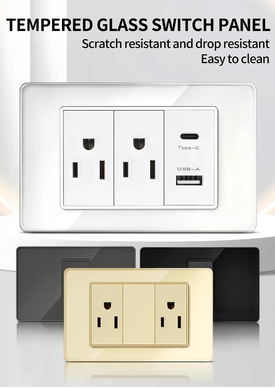 118x75mm Tempered Glass US Thai Socket Dual USB-C Ports 2 AC Outlets 110V Scratch-Resistant Panel