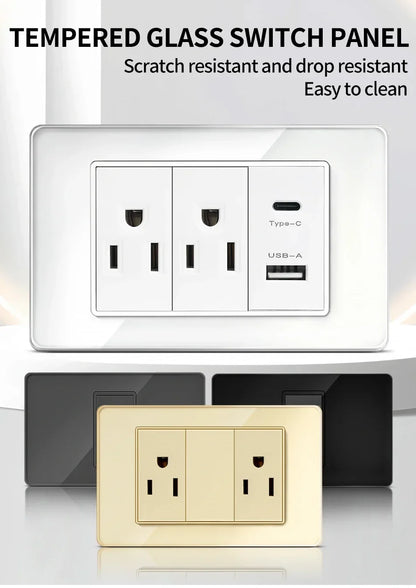 118x75mm Tempered Glass US Thai Socket Dual USB-C Ports 2 AC Outlets 110V Scratch-Resistant Panel