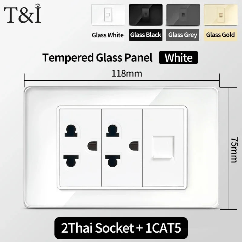 118x75mm Tempered Glass US Thai Socket Dual USB-C Ports 2 AC Outlets 110V Scratch-Resistant Panel
