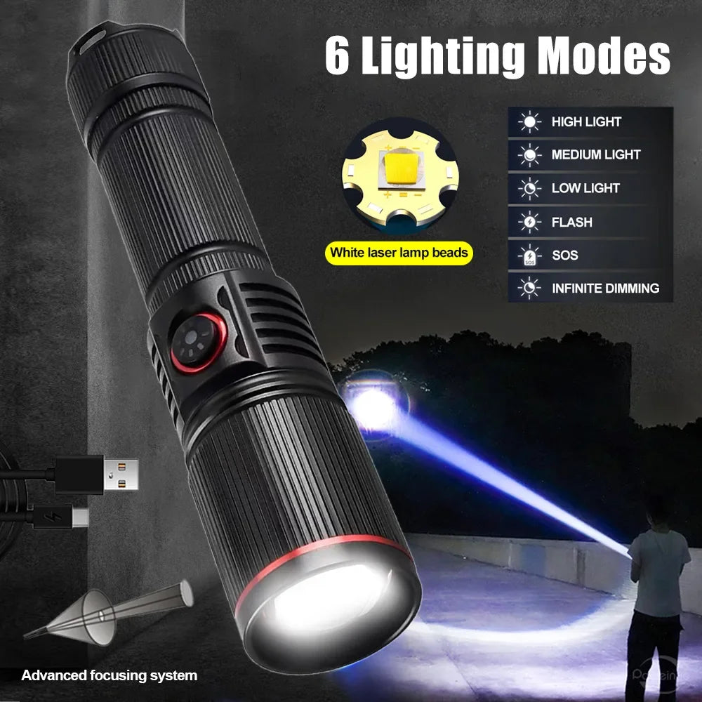 LED High Power Strong Light Long-range Tactical Flashlight Type-C Charging Waterproof Outdoor Emergency Lighting Spotlight