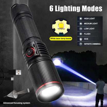 LED High Power Strong Light Long-range Tactical Flashlight Type-C Charging Waterproof Outdoor Emergency Lighting Spotlight