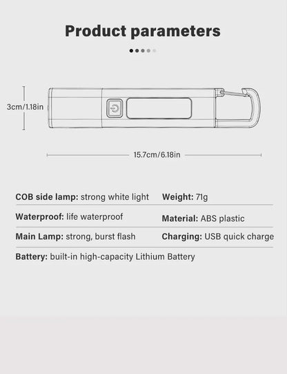 Portable Strong Light LED Zoom Flashlamp Built-in Battery USB Rechargeable with Hook Camping Hanging Lamp COB Side Lamp