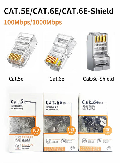 100Pcs Bulk Cat5e/Cat6 RJ45 Connectors Gold Plated for Gigabit Ethernet 100M/1000Mbps High-Speed Network Cable Plug