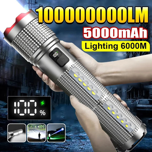 Rechargeable LED Flashlight Powerful Torch with Side Light Power Bank Zoom Emergency Lamp Outdoor Strong Light Camping Lantern