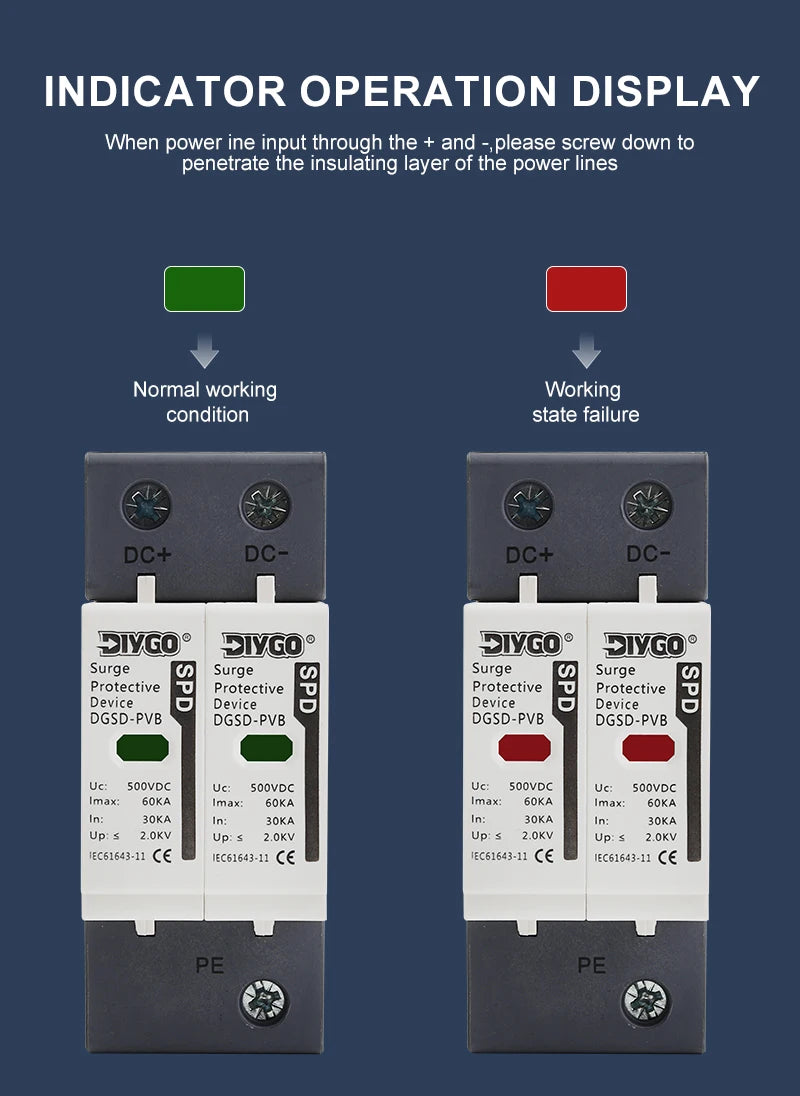2P SPD DC 500V/600V/800V/1000V House Surge Protector Low-Voltage Arrester Device 10KA~60KA Protective Solar