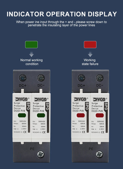 2P SPD DC 500V/600V/800V/1000V House Surge Protector Low-Voltage Arrester Device 10KA~60KA Protective Solar