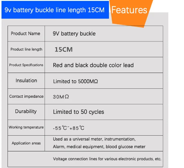 9V Battery Snap Connector with DC Lead and Square Cap
