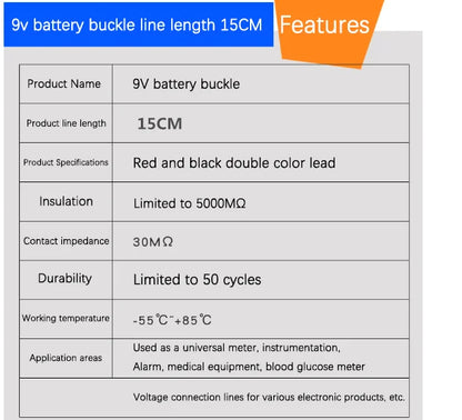 9V Battery Snap Connector with DC Lead and Square Cap