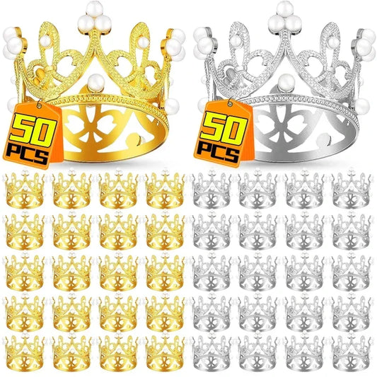 Wholesale Crown Cake Decoration Gold Silver Pearl Crown Topper Mini Princess Headwear Decoration Birthday Wedding Decor Supplies