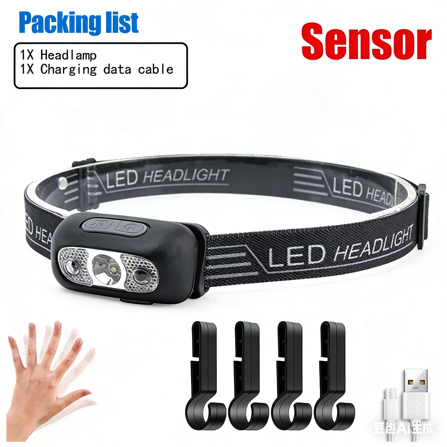 USB-C Rechargeable LED Headlamp Sensor Headlight for Outdoor