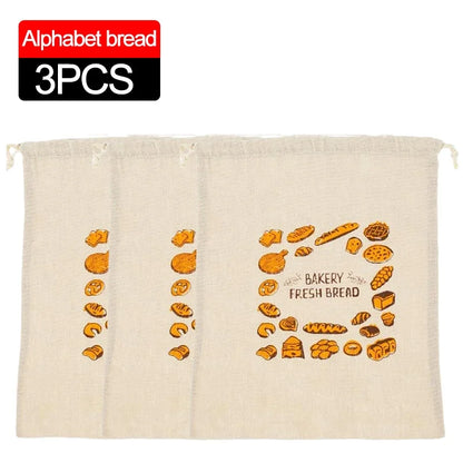 Linen Bread Bags Large Capacity Drawstring Loaf Storage Bags Washable Reusable 3/1Pcs for Pastries Baguette Organizer
