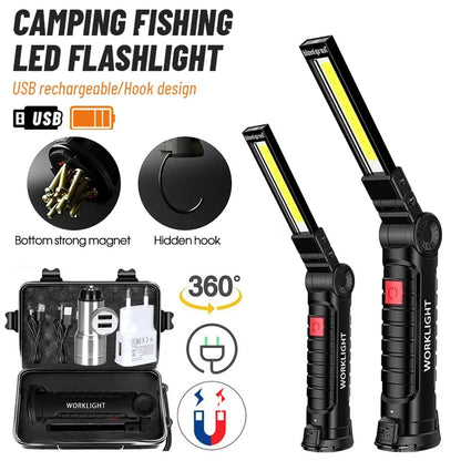 Folding COB XPE LED Work Light Flashlight USB Rechargeable Torch Magnetic Base & Hook, Emergency Car Inspection Lamp Red SOS