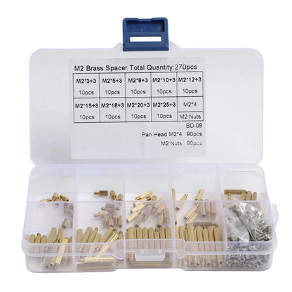 M2 Spacer Assortment Screw &amp; Nut Set 270pcs — Clear Storage Box for Electronics Assembly