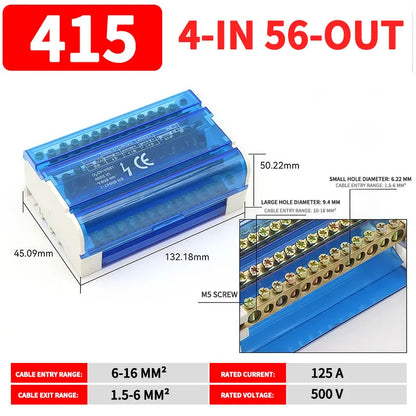 UK207 UK211 UK215 UK407 UK411 UK415 DIN Rail Terminal Block 125A Electrical Distribution Junction Box 1 In 2 4 6 Out