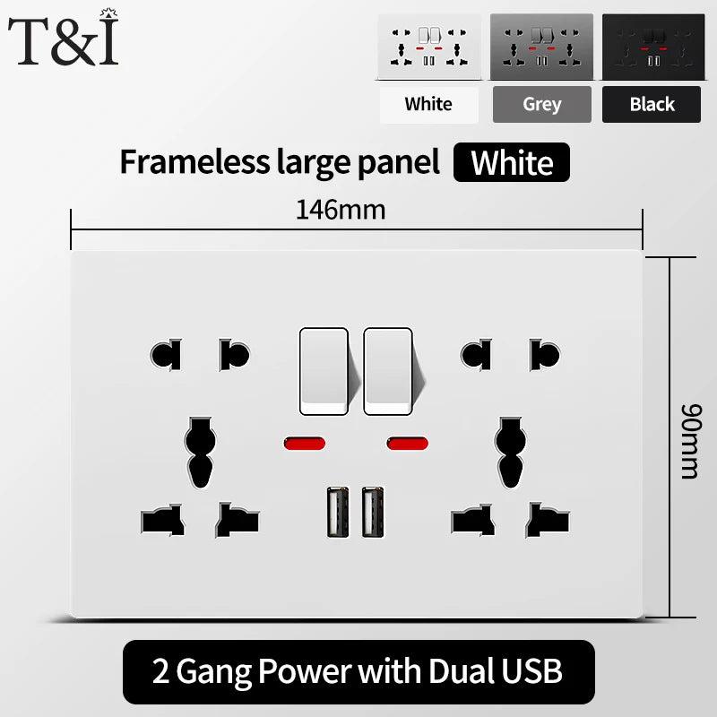 Universal Wall Socket with USB-C and USB Charger 2 Gang Power Outlet with Switch Flush Mount AC 110-250V