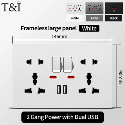 Universal Wall Socket with USB-C and USB Charger 2 Gang Power Outlet with Switch Flush Mount AC 110-250V