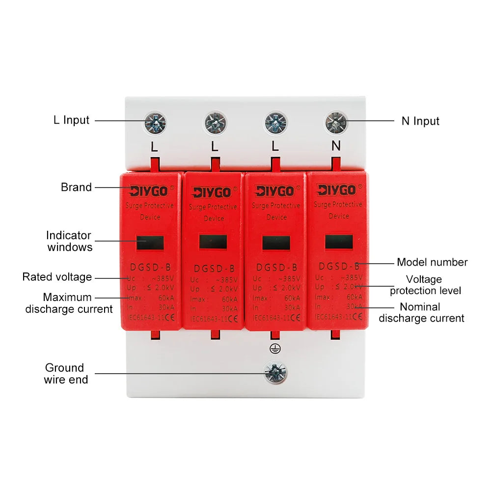 AC SPD 4P House Lightning Surge Protector 10-20KA 20-40KA 30-60KA 385V Solar PV Low-Voltage Arrester 3P+N