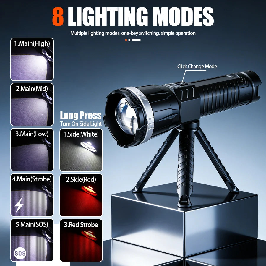 Rechargeable LED Flashlight Powerful Torch with Side Light Power Bank Zoom Emergency Lamp Outdoor Strong Light Camping Lantern