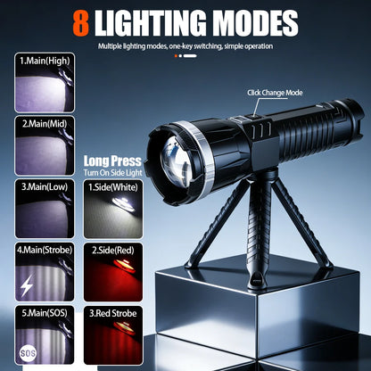 Rechargeable LED Flashlight Powerful Torch with Side Light Power Bank Zoom Emergency Lamp Outdoor Strong Light Camping Lantern