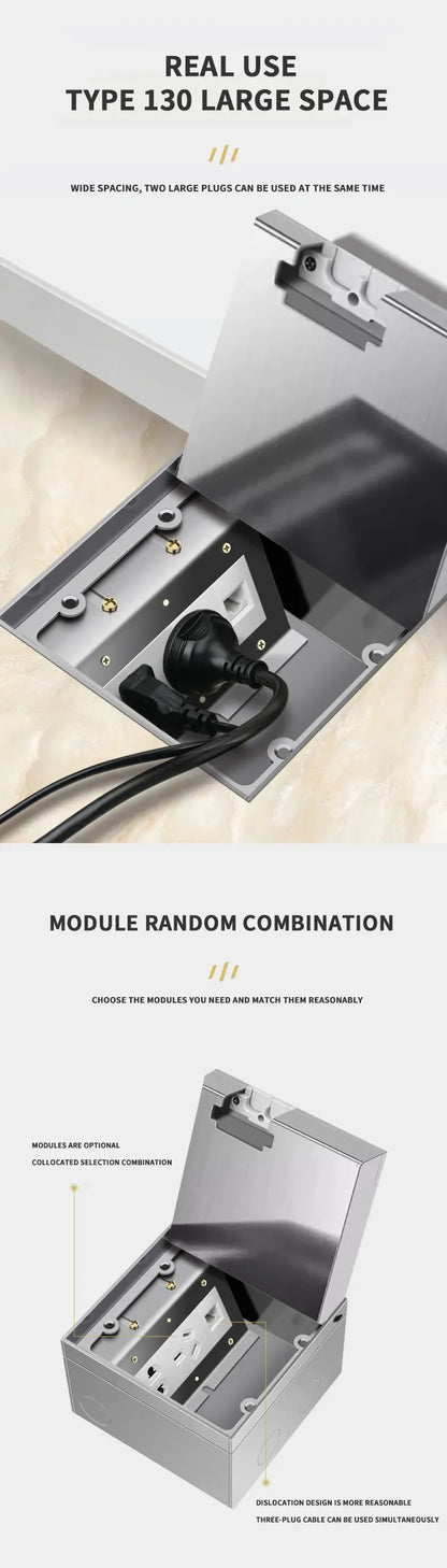 Hidden Floor Socket with USB Charging Ports 304 Stainless Steel Underground Power Outlet EU FR BR IL IT Standard 130×130mm