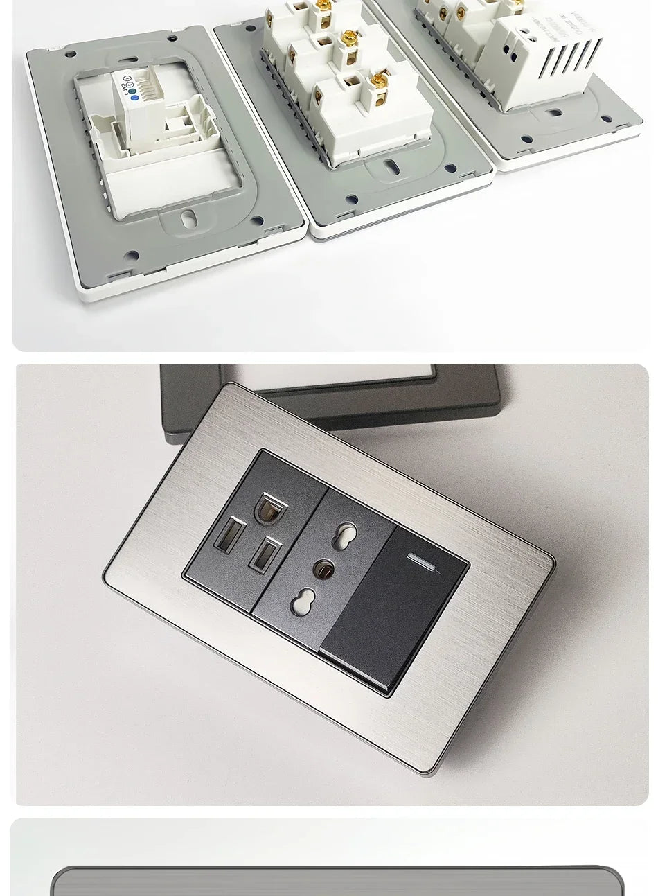 Stainless Steel Wall Socket 118x75mm Italian-Style with USB-C Schuko Chilean Plug Brushed Finish for Home Office