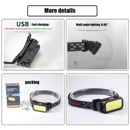 Portable COB LED Headlamp 4 Modes USB Rechargeable with Red Light