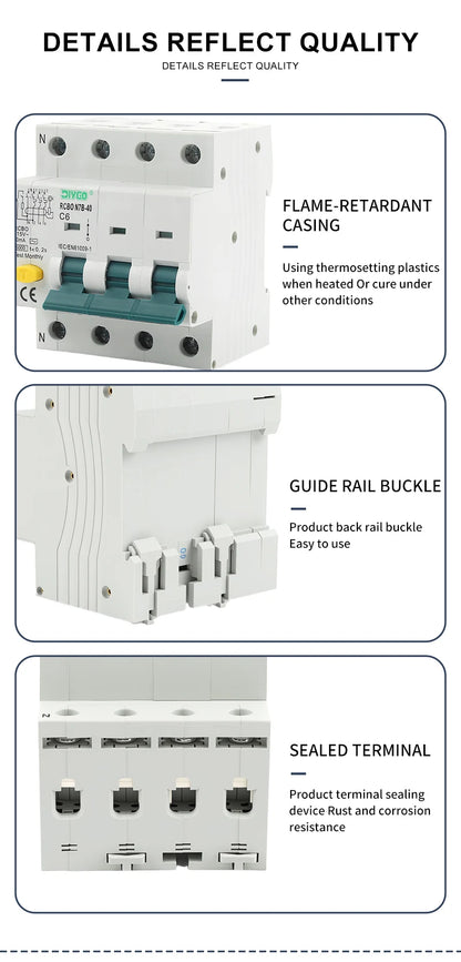 RCBO 3P+N Electro-Magnetic Residual Current Circuit Breaker with Overcurrent Leakage Protection 240V 4P