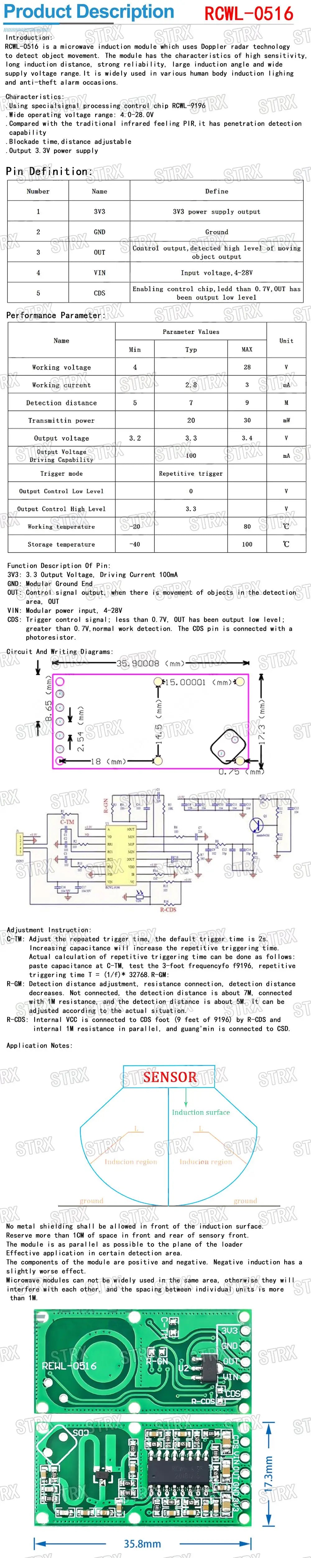HW-MS03 RCWL-0516 Microwave Radar Motion Sensor 2.4–5.8GHz Human Body Induction Module for Arduino
