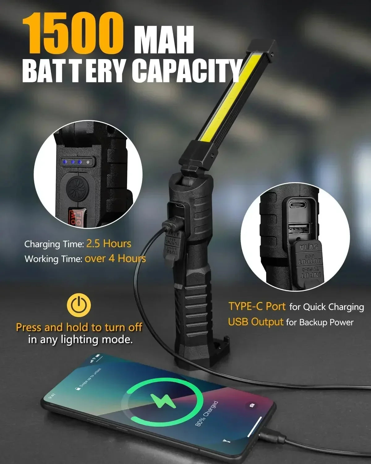 Powerful Fold Flashlight Type-c Rechargeable Lantern Built-in Battery Magnetic LED Work Lights for Camping Garage Emergency Lamp