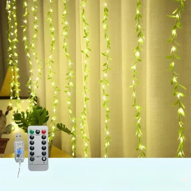 LED Fairy Lights with Willow Leaves Decor 3x3 Window Curtain Festoon USB Powered Christmas Garland for New Year Holiday Lighting