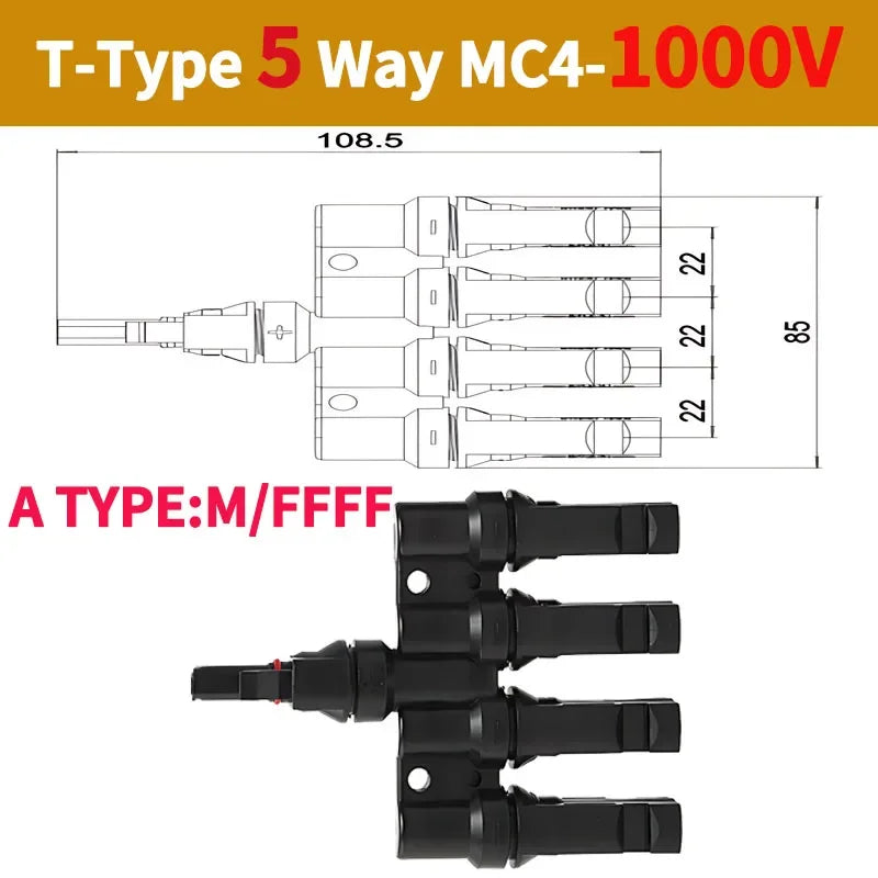 PV T Branch Photovoltaic Solar Connector 1000V 30A Male Female 1 to 2 3 4 5 6 PV Plug 2 3 4 5 6IN 1OUT Adapter