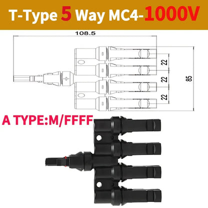 PV T Branch Photovoltaic Solar Connector 1000V 30A Male Female 1 to 2 3 4 5 6 PV Plug 2 3 4 5 6IN 1OUT Adapter