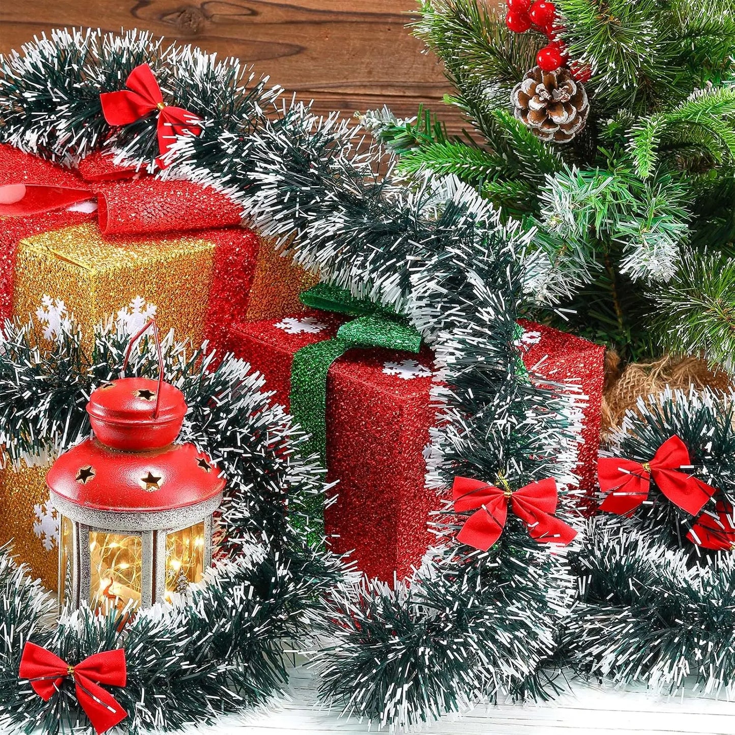 10/2M Christmas Bow Ribbon Garland Embellished Green Tinsel Xmas Tree Hanging Ornament Holiday Party Home Wedding Decoration