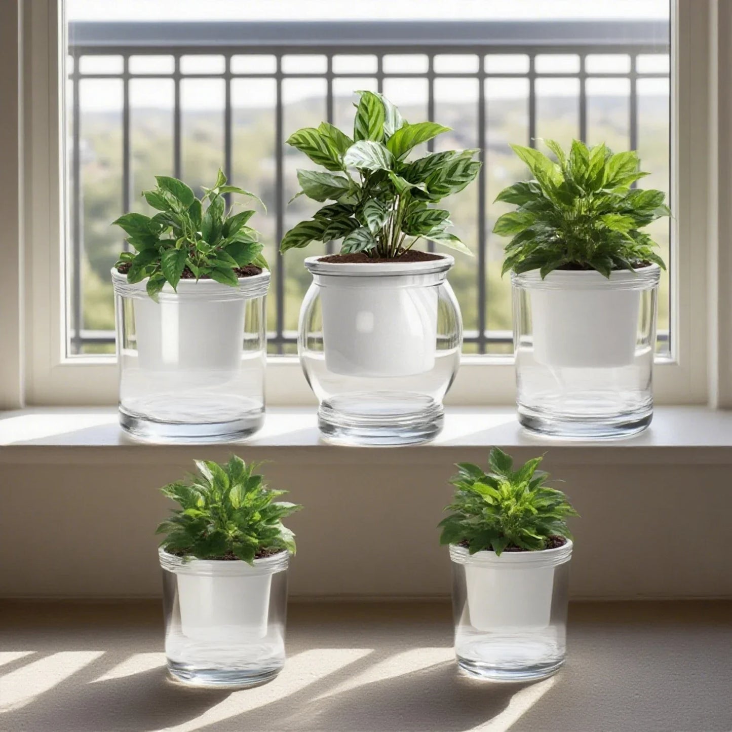 Self Watering Flower Pot Lightweight Transparent Round Resin Planter for Household Bedroom Plants Water Saving Lazy Garden Decor