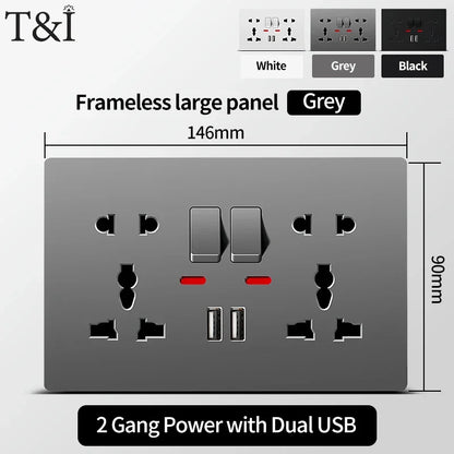 Universal Wall Socket 2-Gang Power Outlet with Switches, USB-C Charging Port, LED Indicator, Flush Mount, AC 110-250V