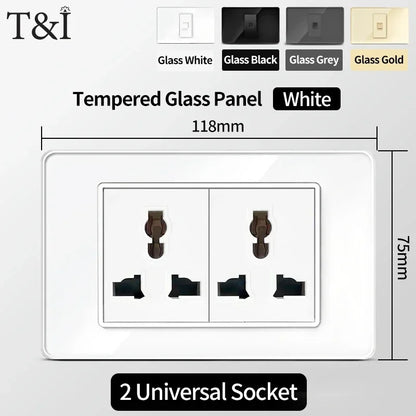 118x75mm Type-C Fast Charging Wall Socket Italy & Chile Schuko Outlet Tempered Glass Panel Type Switch