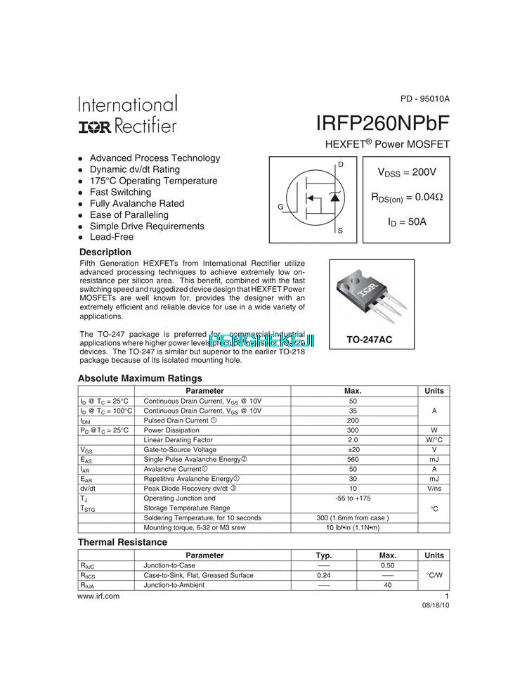 2PCS IRFP260N TO-247 N-Channel MOSFET 200V 50A Power Transistor