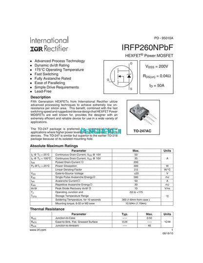 2PCS IRFP260N TO-247 N-Channel MOSFET 200V 50A Power Transistor