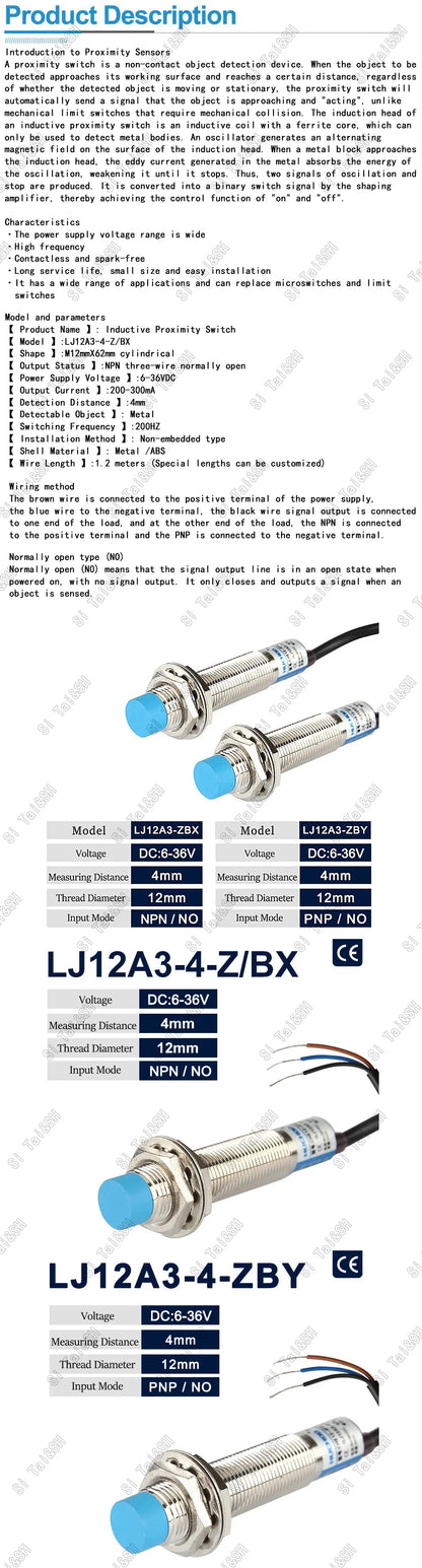 LJ12A3-4-Z Inductive Proximity Sensor NPN DC 6–36V Detection Switch for Arduino